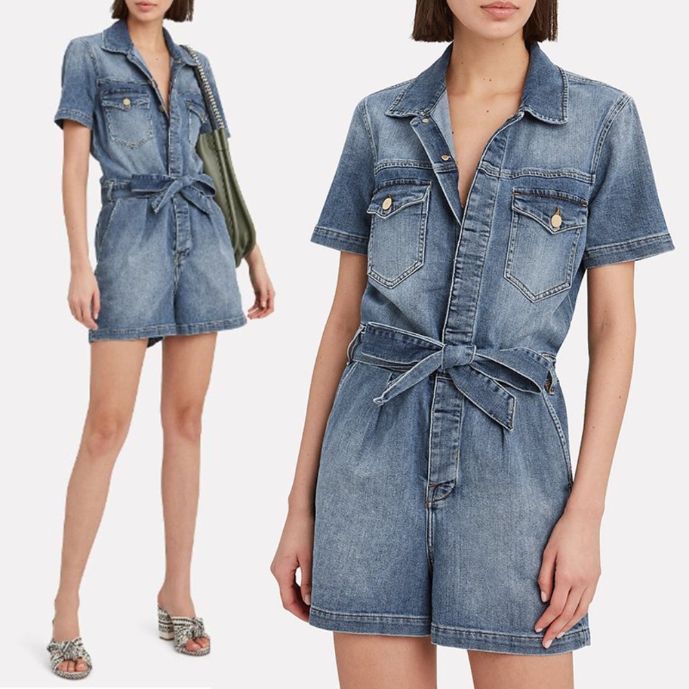 Frame Pleated Coverall Short Romper Button Front Playsuit Stretch Denim Maxson S